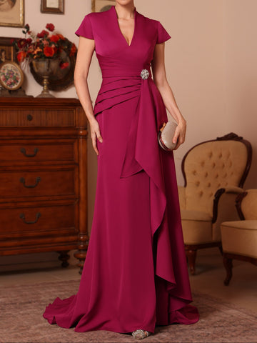 Trumpet/Mermaid V-Neck Stretch Satin Mother of the Bride Dresses Floor-Length Sweep Train Cap Sleeves Ruffles