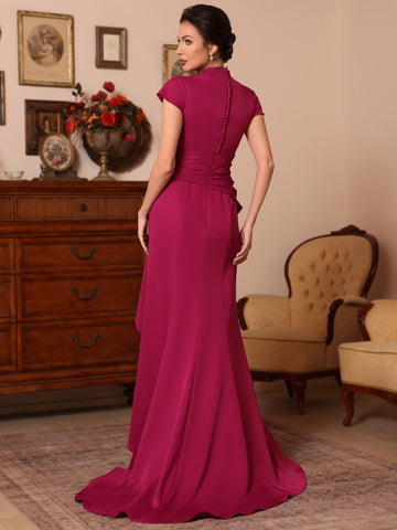 Trumpet/Mermaid V-Neck Stretch Satin Exclusive Mother of the Bride Dresses Floor-Length Sweep Train Cap Sleeves Ruffles