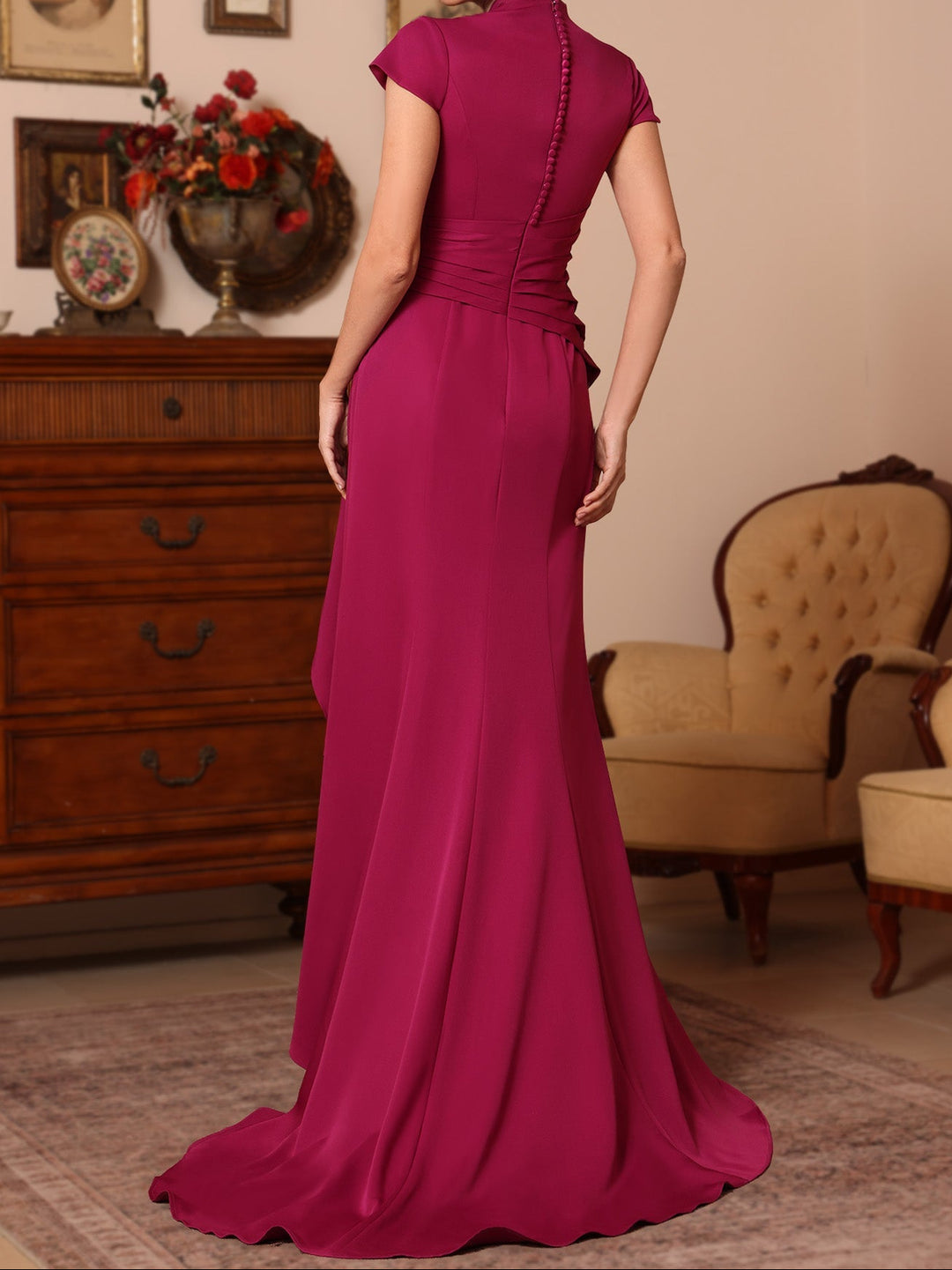 Trumpet/Mermaid V-Neck Stretch Satin Mother of the Bride Dresses Floor-Length Sweep Train Cap Sleeves Ruffles