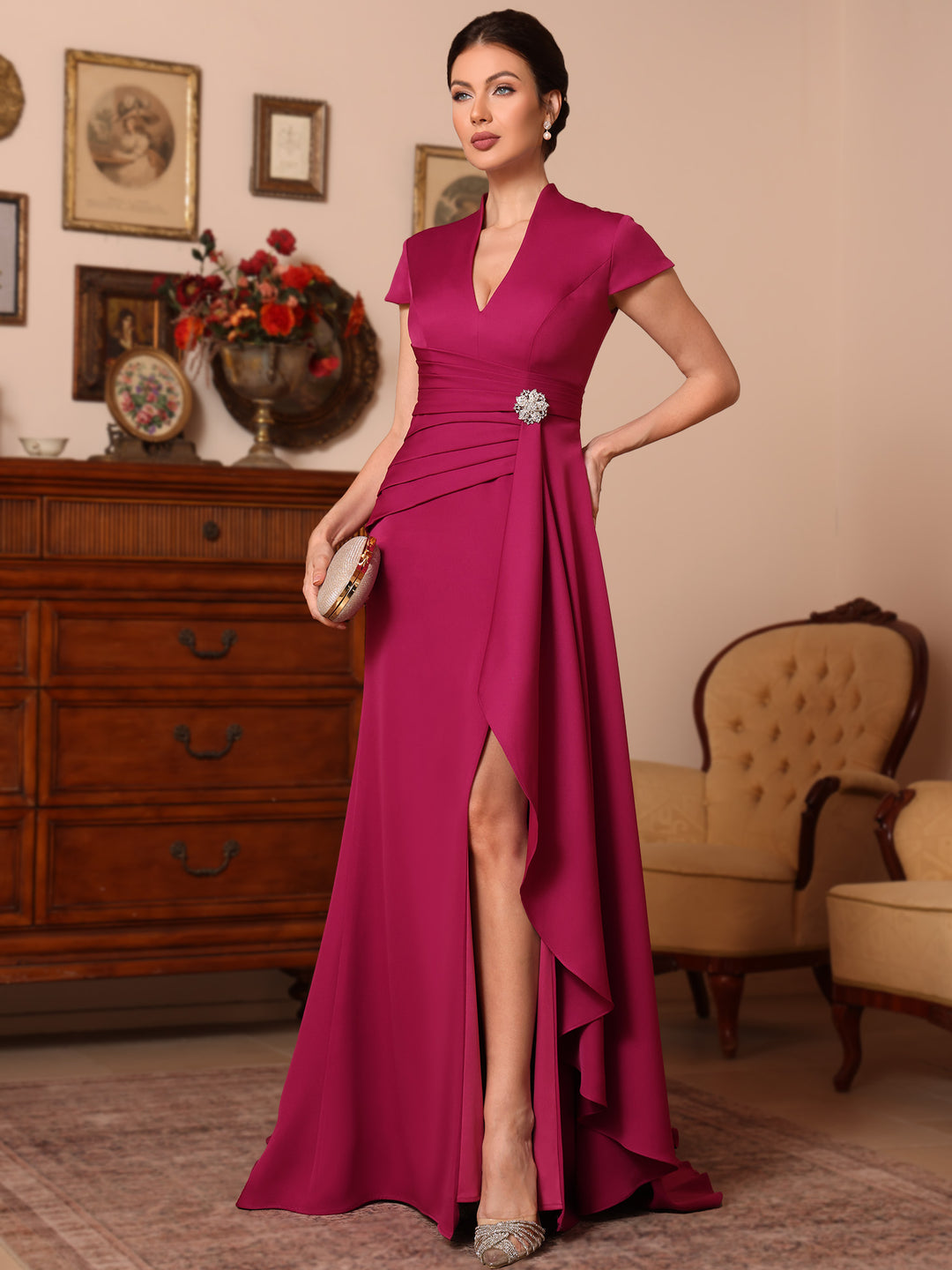 Trumpet/Mermaid V-Neck Stretch Satin Exclusive Mother of the Bride Dresses Floor-Length Sweep Train Cap Sleeves Ruffles