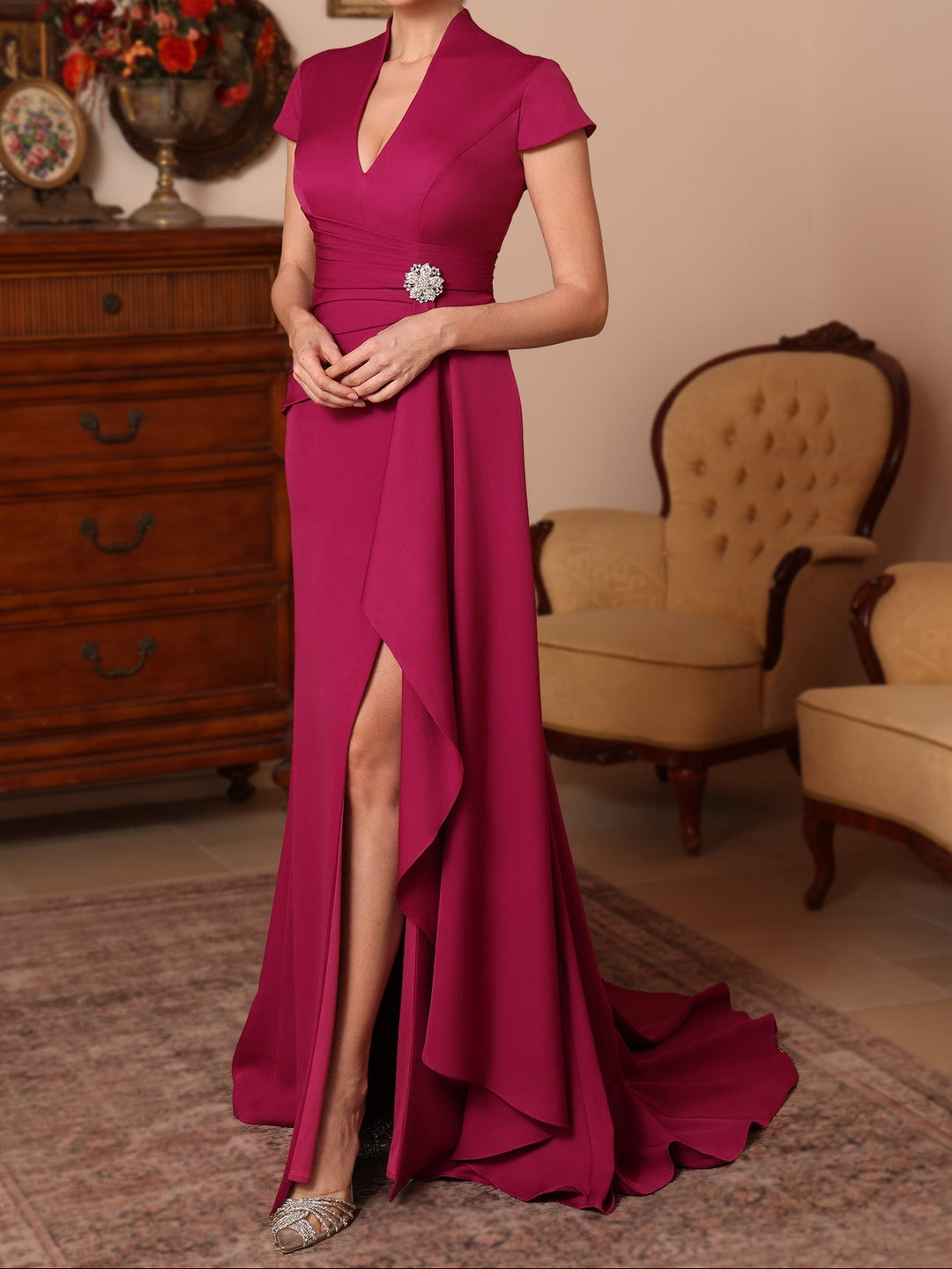 Trumpet/Mermaid V-Neck Stretch Satin Mother of the Bride Dresses Floor-Length Sweep Train Cap Sleeves Ruffles
