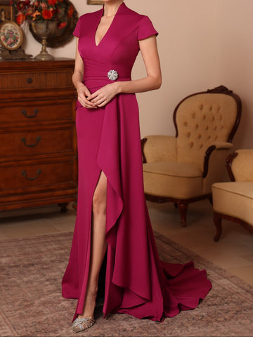 Trumpet/Mermaid V-Neck Stretch Satin Mother of the Bride Dresses Floor-Length Sweep Train Cap Sleeves Ruffles