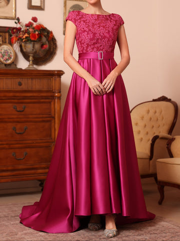 A-Line/Princess Scoop Satin Mother of the Bride Dresses Sleeveless Lace Floor-Length Belt Sweep Train
