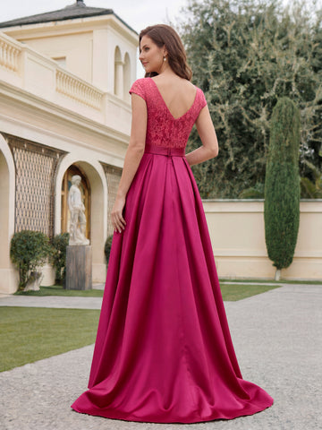 A-Line/Princess Scoop Satin Mother of the Bride Dresses Sleeveless Lace Floor-Length Belt Sweep Train