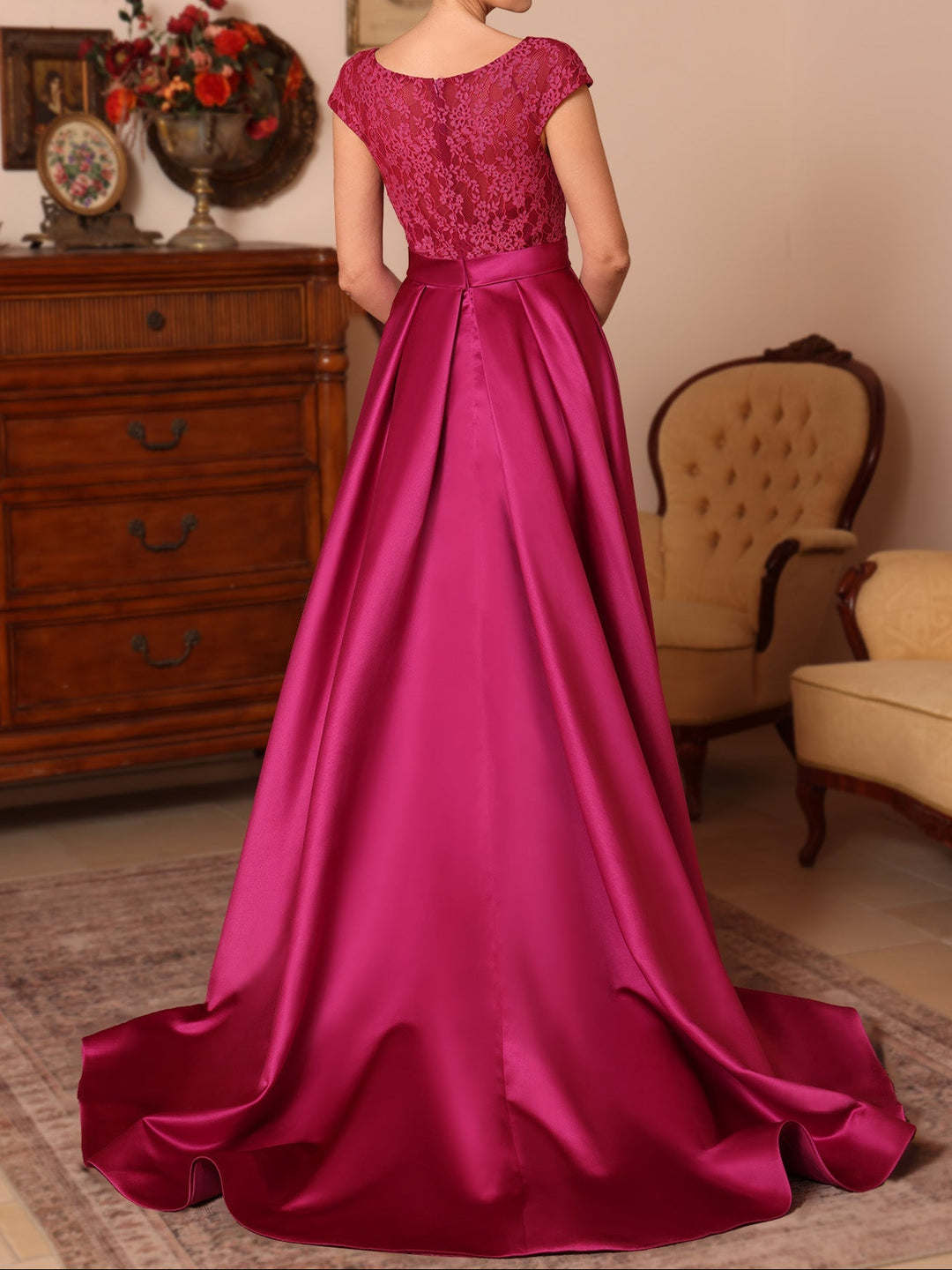 A-Line/Princess Scoop Satin Mother of the Bride Dresses Sleeveless Lace Floor-Length Belt Sweep Train