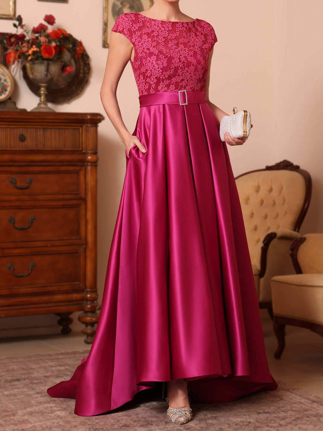 A-Line/Princess Scoop Satin Mother of the Bride Dresses Sleeveless Lace Floor-Length Belt Sweep Train
