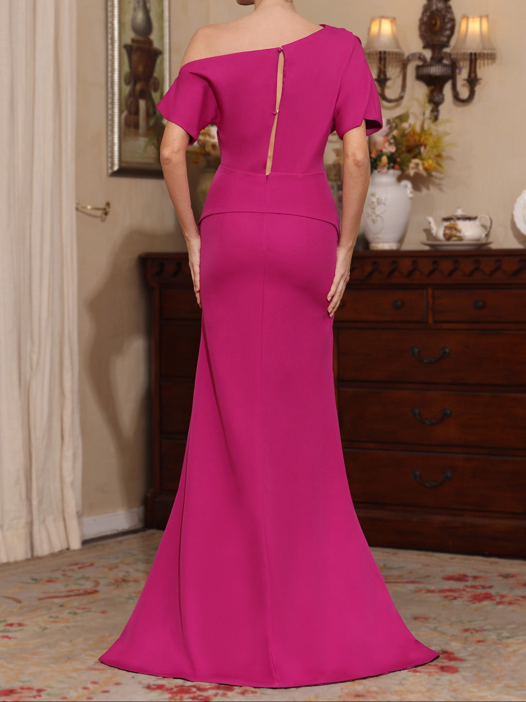 Trumpet/Mermaid One-Shoulder Stretch Satin Mother of the Bride Dresses Floor-Length Sweep Train Short Sleeves Split Side