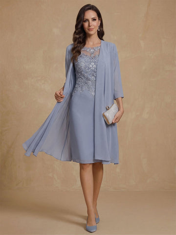 2 Pieces Sheath/Column Scoop Chiffon Mother of the Bride Dresses with Jacket Lace Knee-Length 3/4 Sleeves