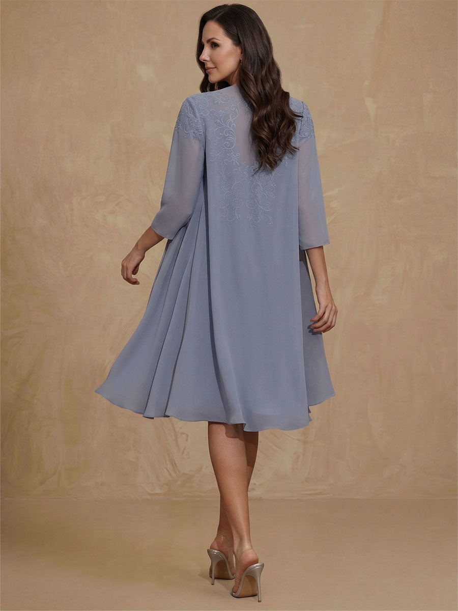 2 Pieces Sheath/Column Scoop Chiffon Mother of the Bride Dresses with Jacket Lace Knee-Length 3/4 Sleeves