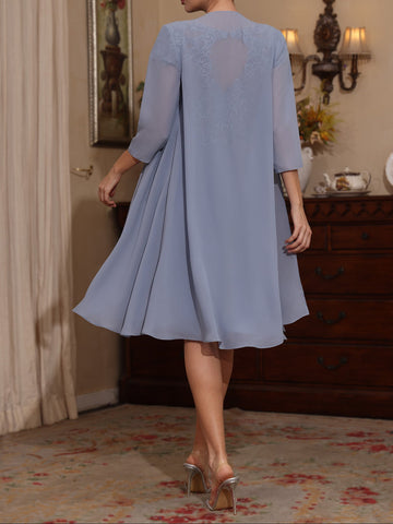 2 Pieces Sheath/Column Scoop Chiffon Mother of the Bride Dresses with Jacket Lace Knee-Length 3/4 Sleeves