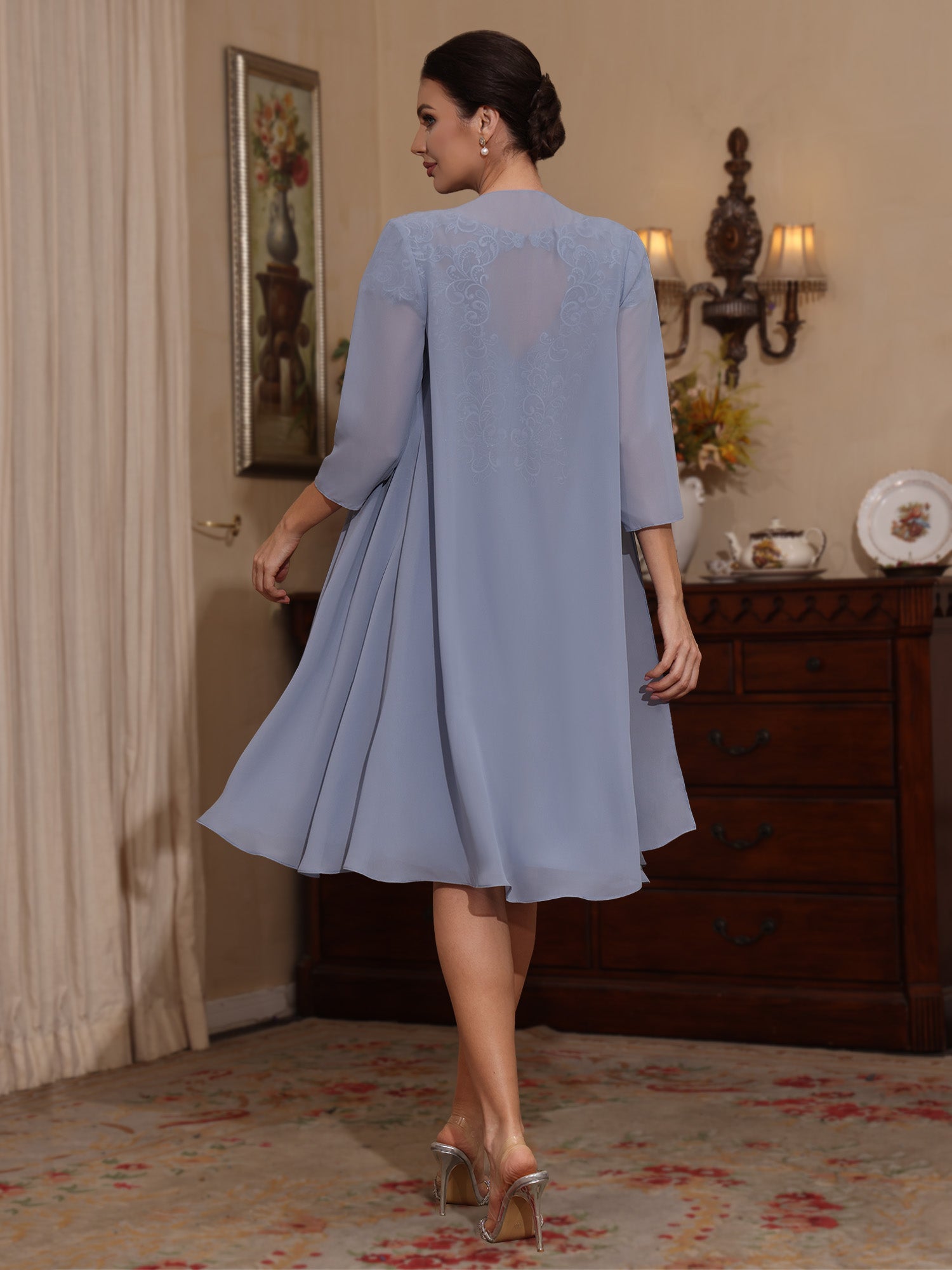 2 Pieces Sheath/Column Scoop Chiffon Mother of the Bride Dresses with Jacket Lace Knee-Length 3/4 Sleeves