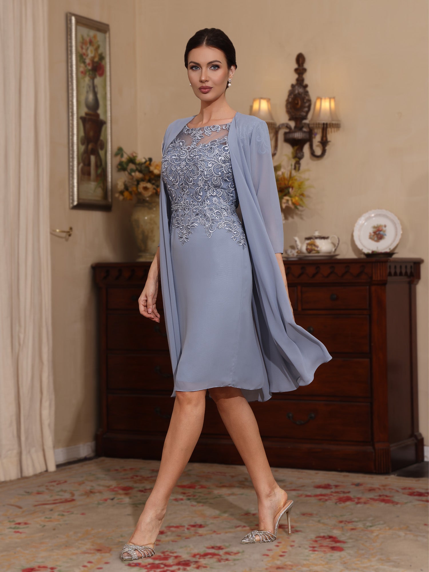 2 Pieces Sheath/Column Scoop Chiffon Mother of the Bride Dresses with Jacket Lace Knee-Length 3/4 Sleeves