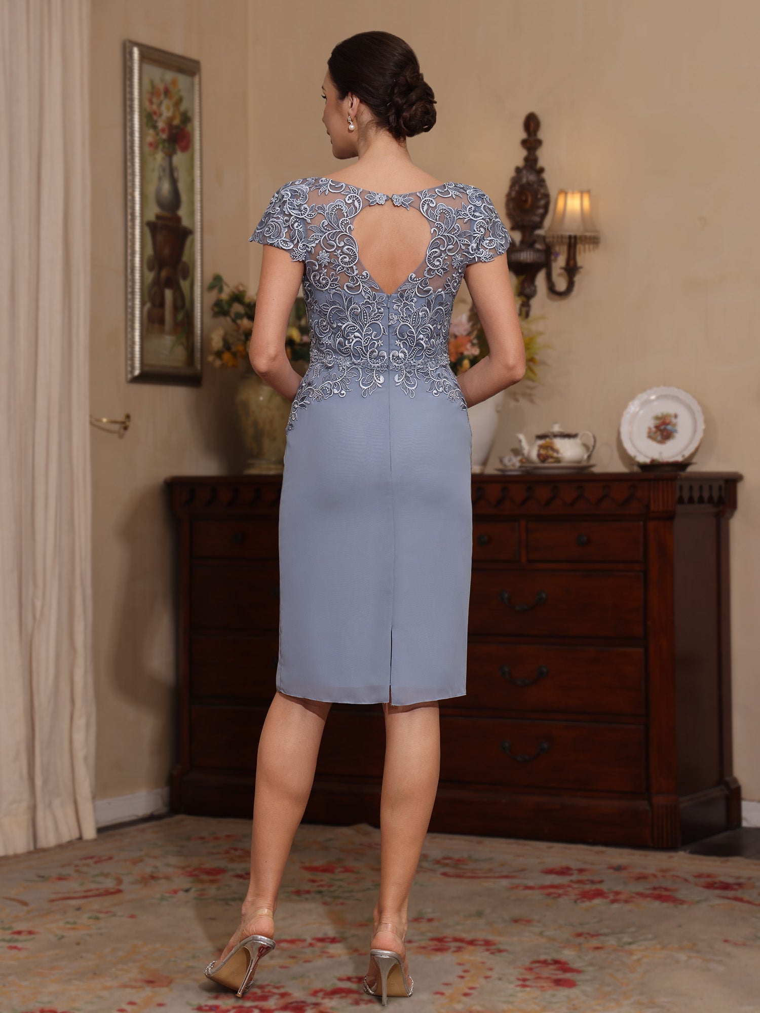 2 Pieces Sheath/Column Scoop Chiffon Mother of the Bride Dresses with Jacket Lace Knee-Length 3/4 Sleeves