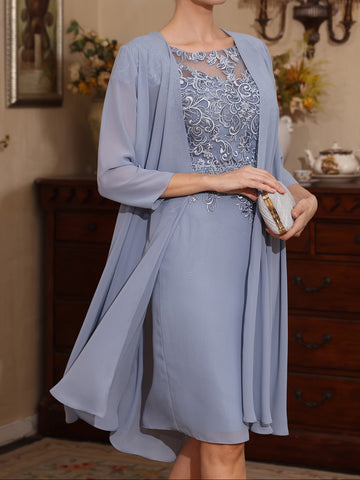 2 Pieces Sheath/Column Scoop Chiffon Mother of the Bride Dresses with Jacket Lace Knee-Length 3/4 Sleeves