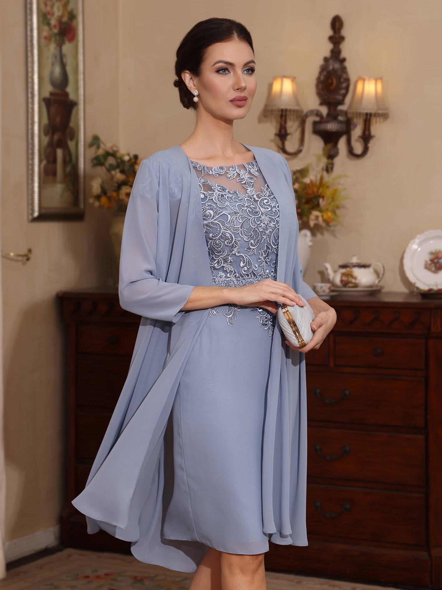 2 Pieces Sheath/Column Scoop Chiffon Mother of the Bride Dresses with Jacket Lace Knee-Length 3/4 Sleeves