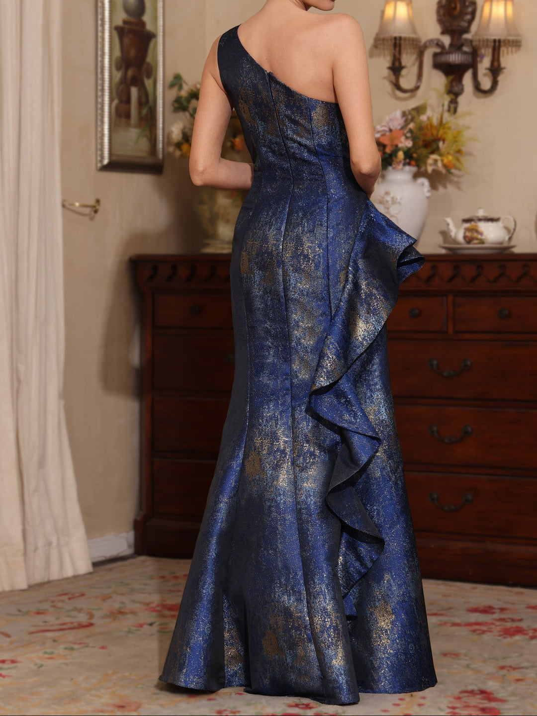 Trumpet/Mermaid One-Shoulder Printed Satin Mother of the Bride Dresses with Split Side Sleeveless Floor-Length