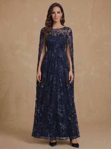 A-Line/Princess Scoop Sequins Lace Mother of the Bride Dresses Cape Sleeves Floral Floor-Length