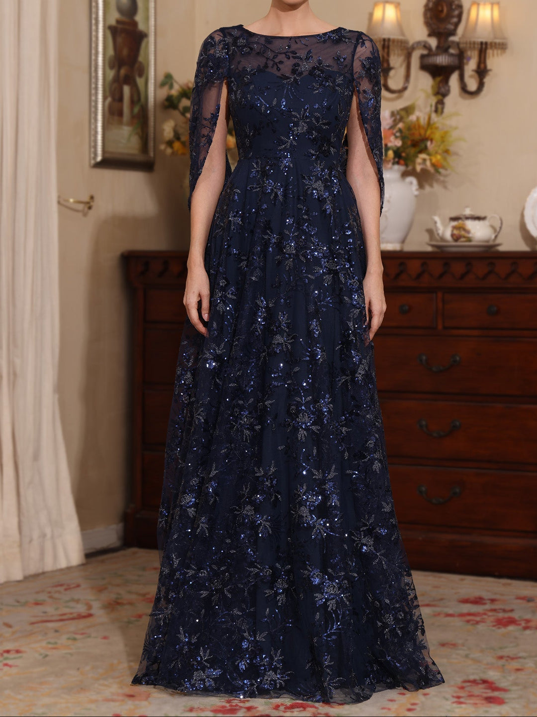 A-Line/Princess Scoop Sequins Lace Mother of the Bride Dresses Cape Sleeves Floral Floor-Length