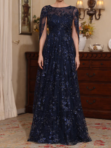 A-Line/Princess Scoop Sequins Lace Mother of the Bride Dresses Cape Sleeves Floral Floor-Length