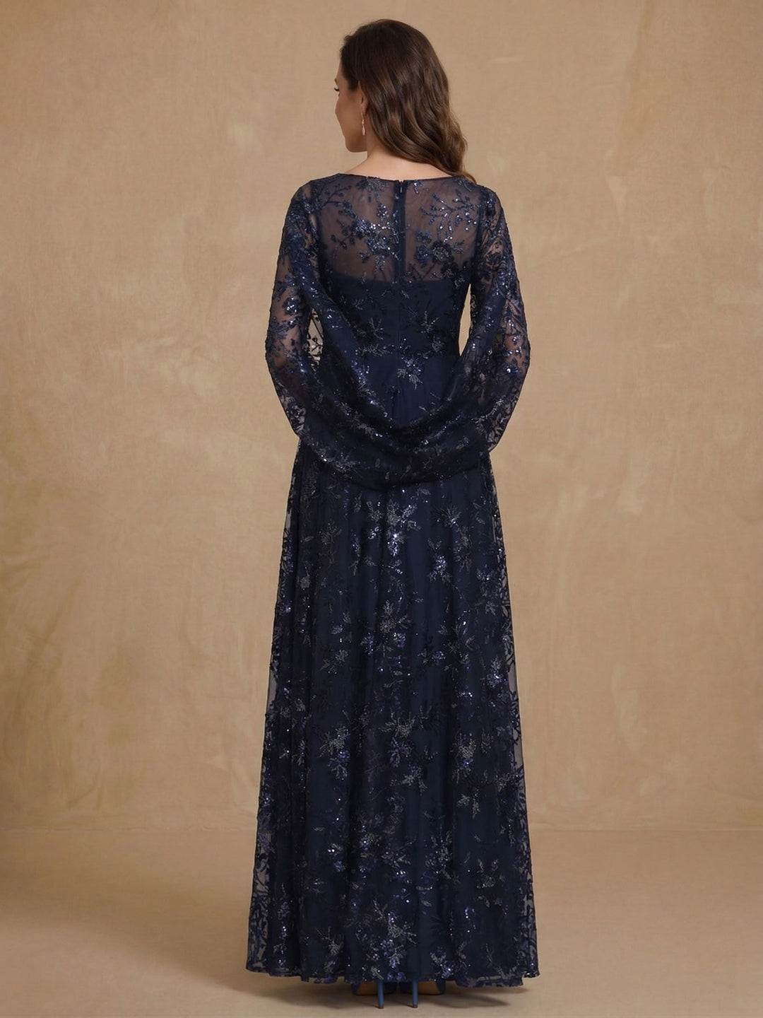 A-Line/Princess Scoop Sequins Lace Mother of the Bride Dresses Cape Sleeves Floral Floor-Length