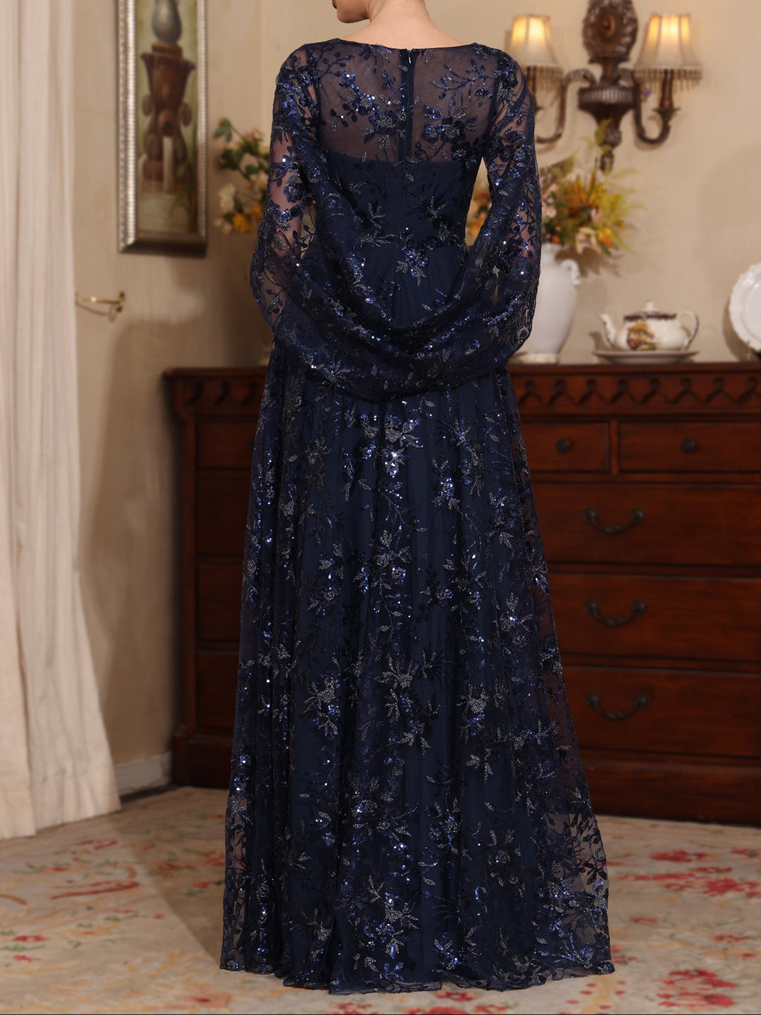 A-Line/Princess Scoop Sequins Lace Mother of the Bride Dresses Cape Sleeves Floral Floor-Length