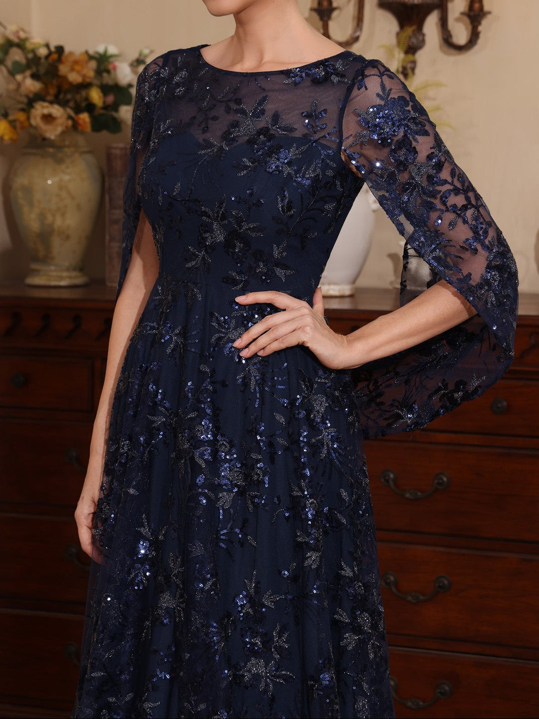 A-Line/Princess Scoop Sequins Lace Mother of the Bride Dresses Cape Sleeves Floral Floor-Length