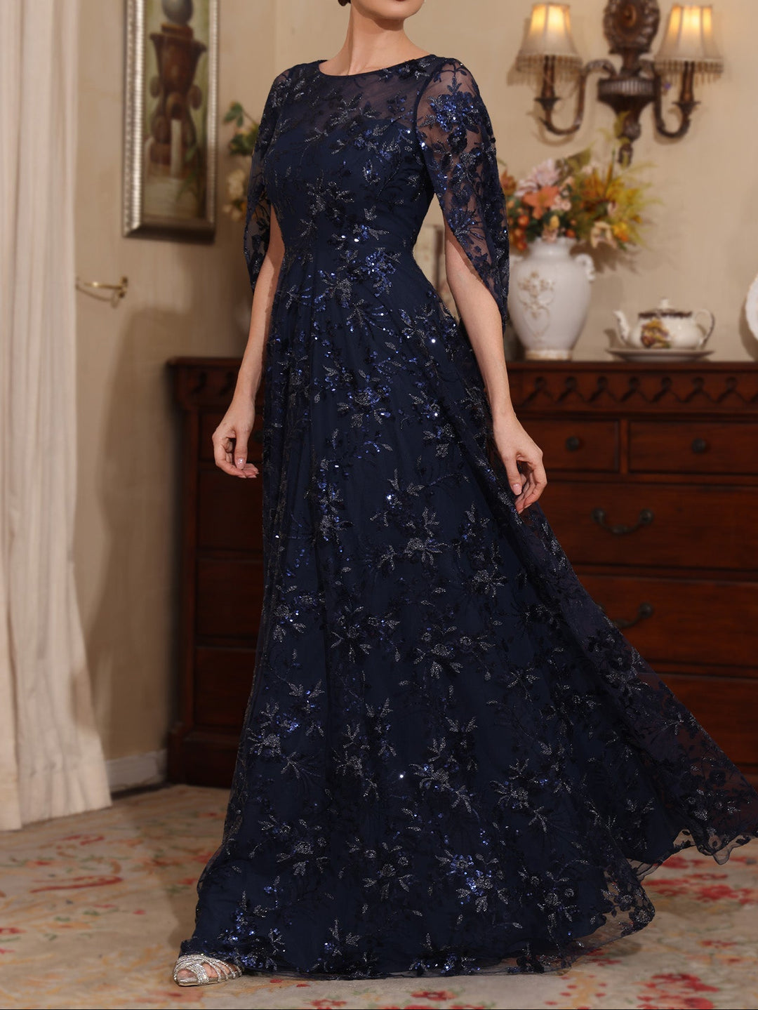 A-Line/Princess Scoop Sequins Lace Mother of the Bride Dresses Cape Sleeves Floral Floor-Length