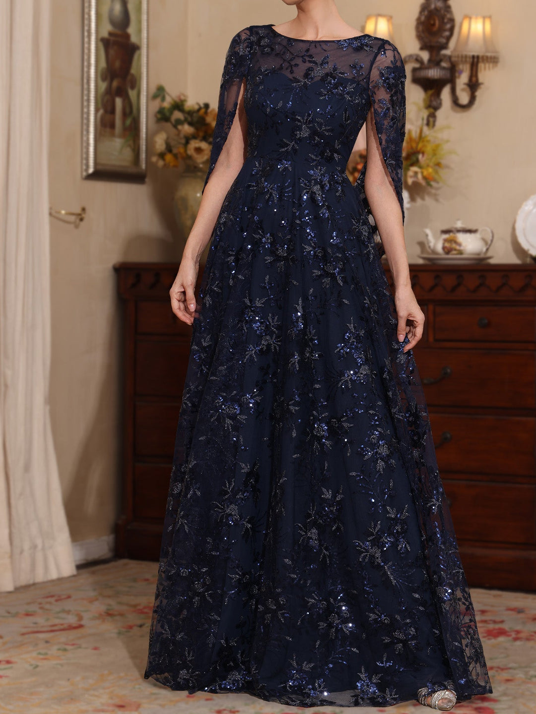 A-Line/Princess Scoop Sequins Lace Mother of the Bride Dresses Cape Sleeves Floral Floor-Length