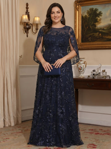 A-Line/Princess Scoop Sequins Lace Plus Size Mother of the Bride Dresses Cape Sleeves Floral Floor-Length