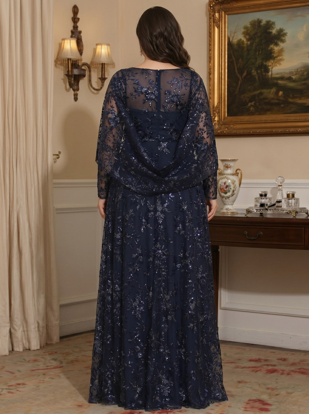 A-Line/Princess Scoop Sequins Lace Plus Size Mother of the Bride Dresses Cape Sleeves Floral Floor-Length
