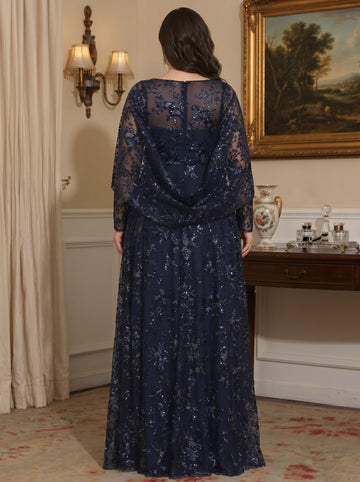 A-Line/Princess Scoop Sequins Lace Plus Size Mother of the Bride Dresses Cape Sleeves Floral Floor-Length