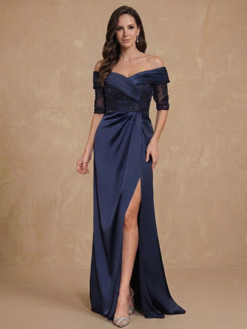 Sheath/Column Off-the-Shoulder Satin Mother of the Bride Dresses Lace Half Sleeves Floor-Length with Split Side