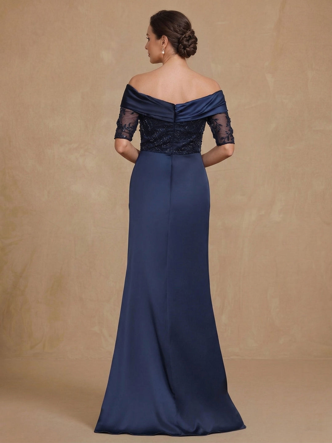Sheath/Column Off-the-Shoulder Satin Mother of the Bride Dresses Lace Half Sleeves Floor-Length with Split Side
