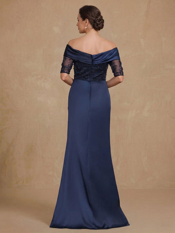 Sheath/Column Off-the-Shoulder Satin Mother of the Bride Dresses Lace Half Sleeves Floor-Length with Split Side