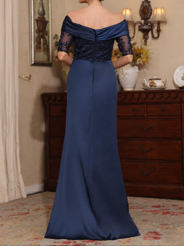 Sheath/Column Off-the-Shoulder Satin Mother of the Bride Dresses Lace Half Sleeves Floor-Length with Split Side