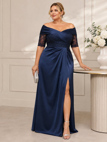Sheath/Column Off-the-Shoulder Satin Plus Size Mother of the Bride Dresses Lace Half Sleeves Floor-Length with Split Side