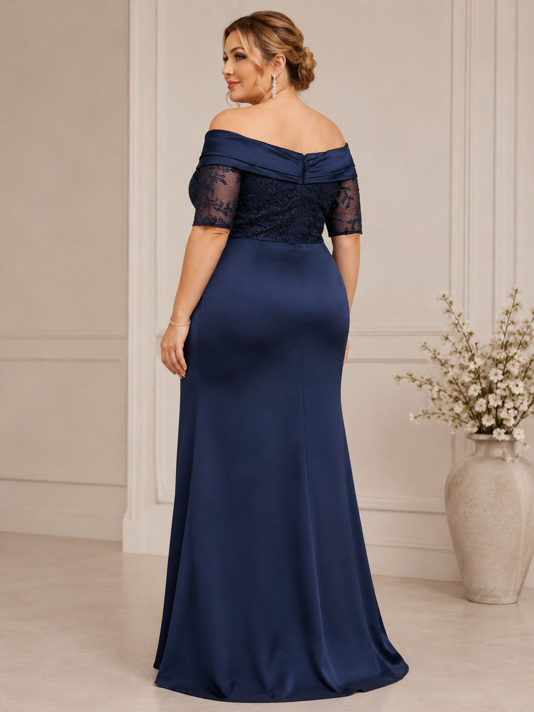 Sheath/Column Off-the-Shoulder Satin Plus Size Mother of the Bride Dresses Lace Half Sleeves Floor-Length with Split Side