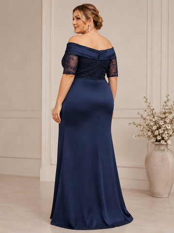 Sheath/Column Off-the-Shoulder Satin Plus Size Mother of the Bride Dresses Lace Half Sleeves Floor-Length with Split Side