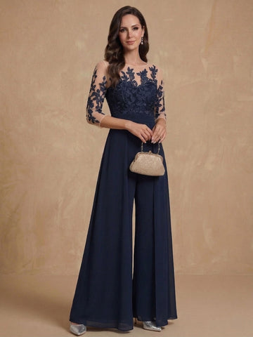 Jumpsuit Scoop Chiffon Mother of the Bride Jumpsuit with Overskirt Lace Floor-Length Half Sleeves