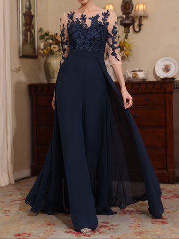 Jumpsuit Scoop Chiffon Mother of the Bride Jumpsuit with Overskirt Lace Floor-Length Half Sleeves