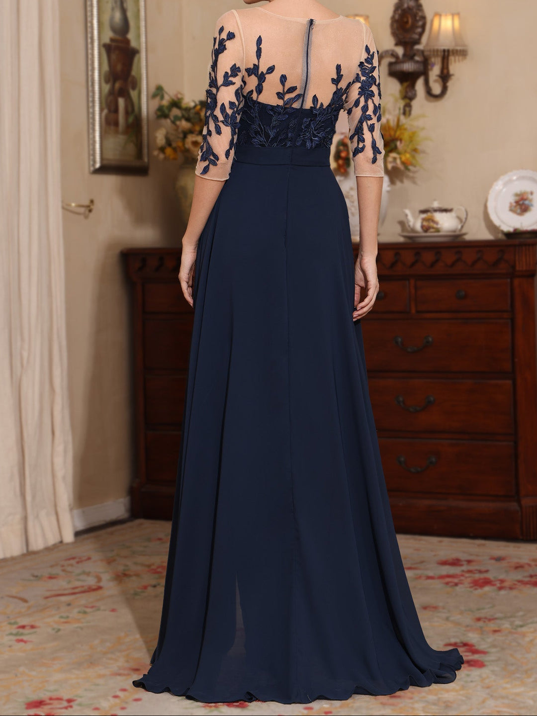 Jumpsuit Scoop Chiffon Mother of the Bride Jumpsuit with Overskirt Lace Floor-Length Half Sleeves