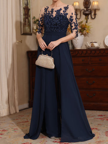 Jumpsuit Scoop Chiffon Mother of the Bride Jumpsuit with Overskirt Lace Floor-Length Half Sleeves