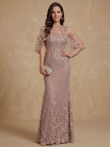 2 Pieces Sheath/Column Scoop Lace Mother of the Bride Dresses with Wrap Beading Half Sleeves Floor-Length