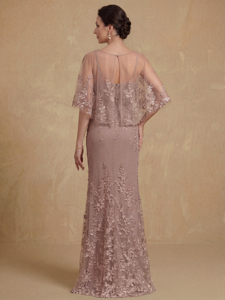 2 Pieces Sheath/Column Scoop Lace Mother of the Bride Dresses with Wrap Beading Half Sleeves Floor-Length