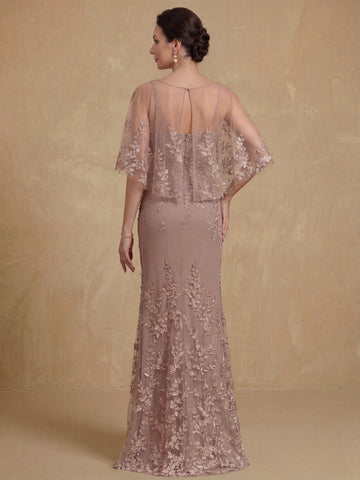 2 Pieces Sheath/Column Scoop Lace Mother of the Bride Dresses with Wrap Beading Half Sleeves Floor-Length
