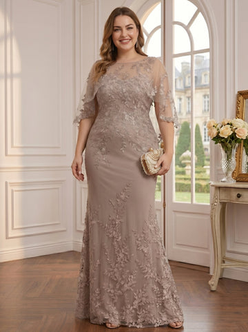 2 Pieces Sheath/Column Scoop Lace Plus Size Mother of the Bride Dresses with Wrap Beading Floral Half Sleeves Floor-Length
