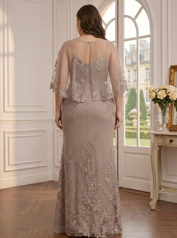2 Pieces Sheath/Column Scoop Lace Plus Size Mother of the Bride Dresses with Wrap Beading Floral Half Sleeves Floor-Length
