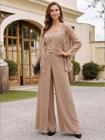 3 Pieces Square Collar Chiffon Mother of the Bride Pantsuits with Jacket Overskirt Lace Floor-Length Long Sleeves