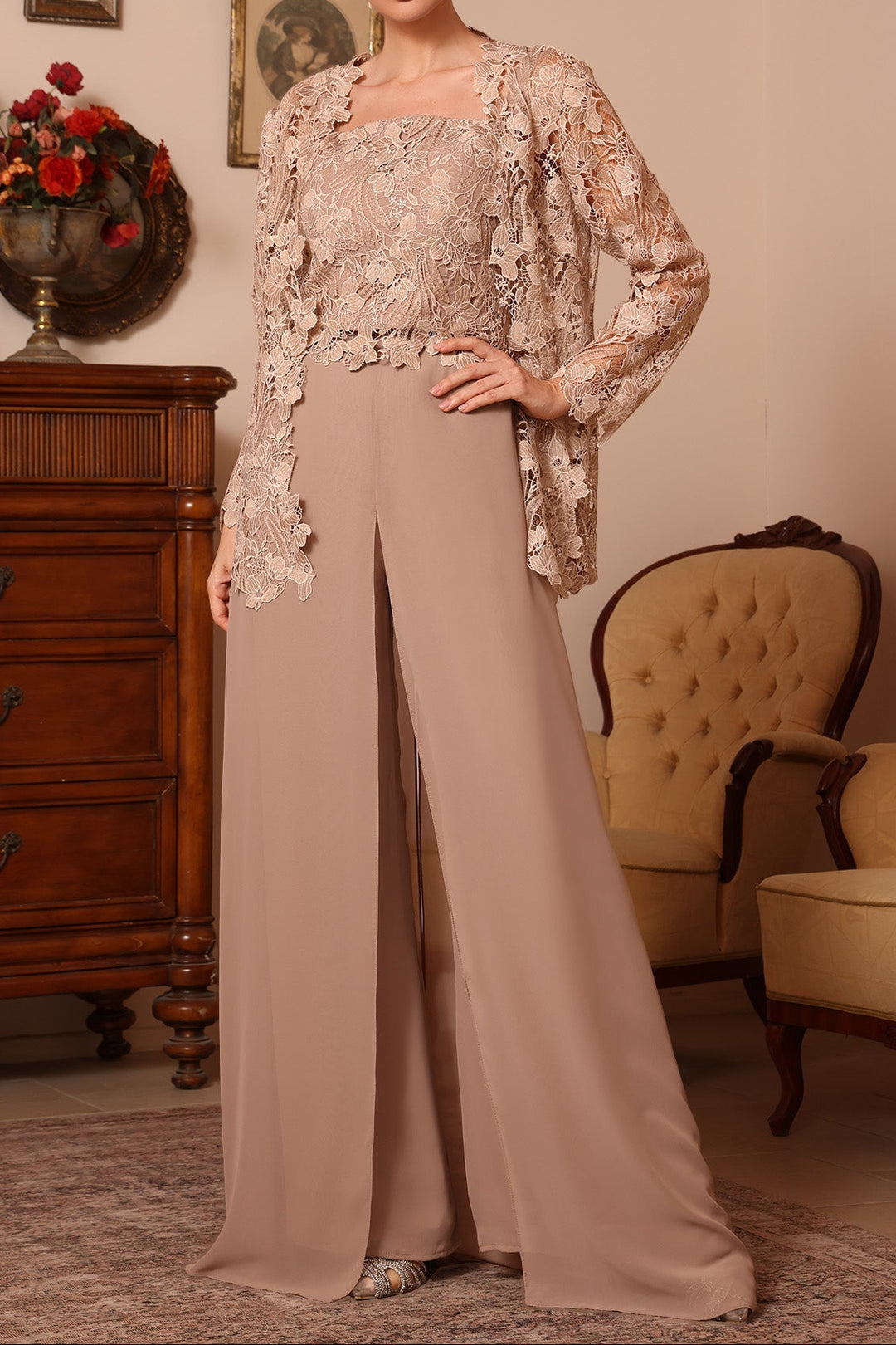 3 Pieces Square Collar Chiffon Mother of the Bride Pantsuits with Jacket Overskirt Lace Floor-Length Long Sleeves