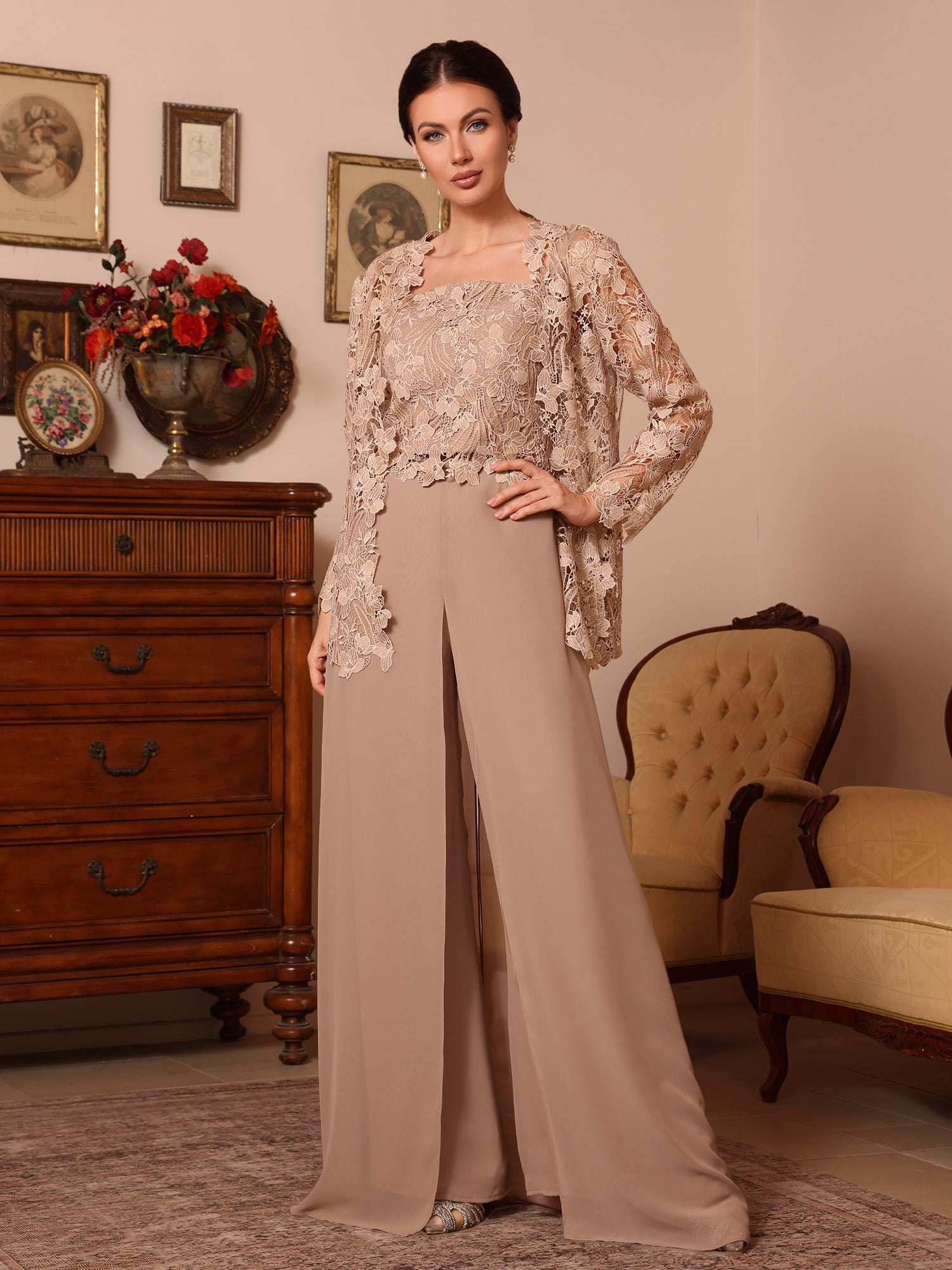 3 Pieces Square Collar Chiffon Mother of the Bride Pantsuits with Jacket Overskirt Lace Floor-Length Long Sleeves